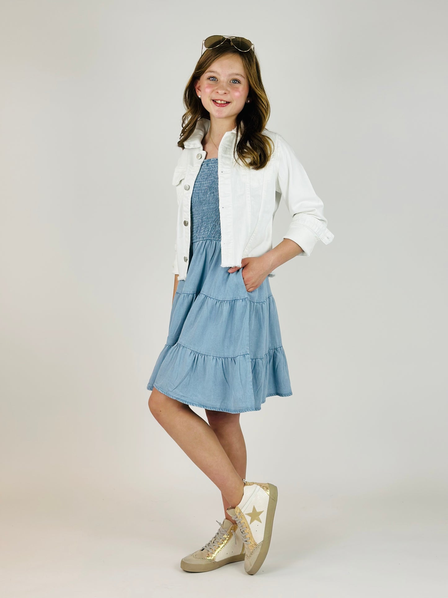 Smocked Tiered Skirt Mini Dress - Denim Tencel