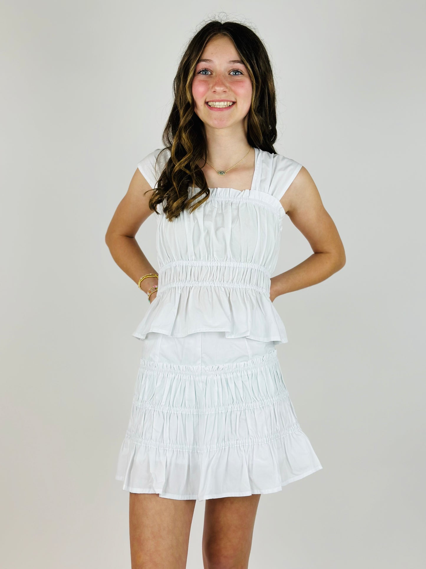 Ruched Ruffle Mini Skirt - White