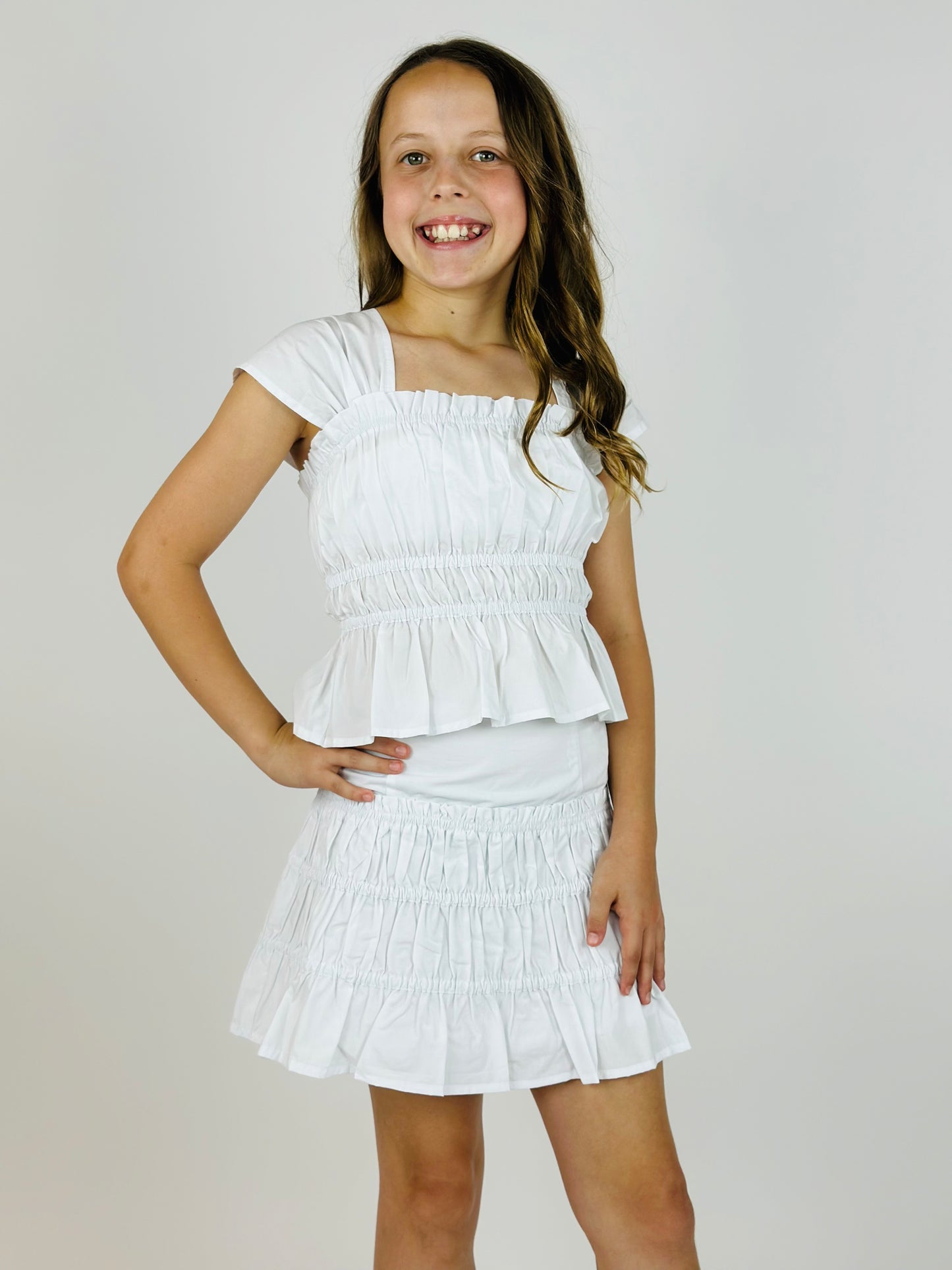 Ruched Ruffle Mini Skirt - White