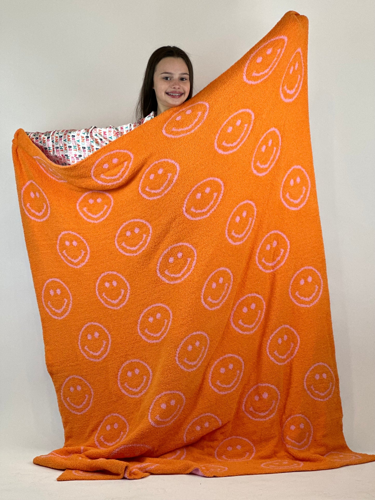 Smiley Plush Throw - Pink/Orange