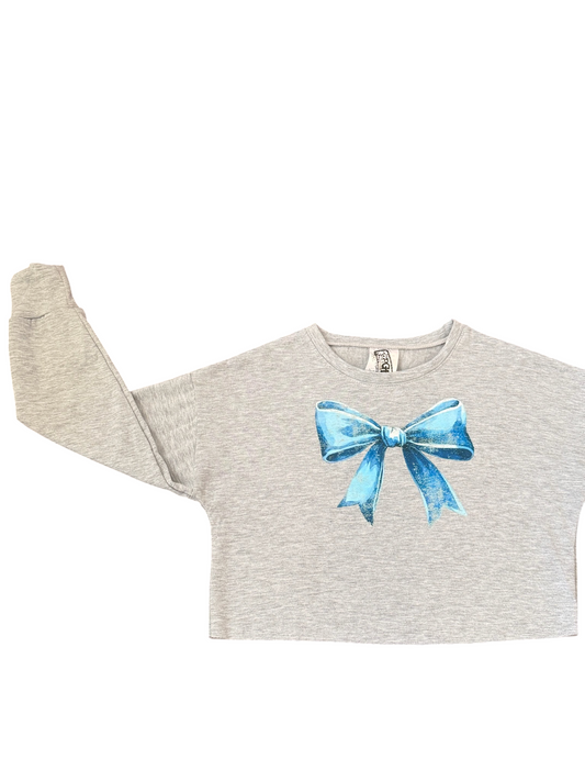 Blue Bow Cropped Lux Sweatshirt w/Raw Hem