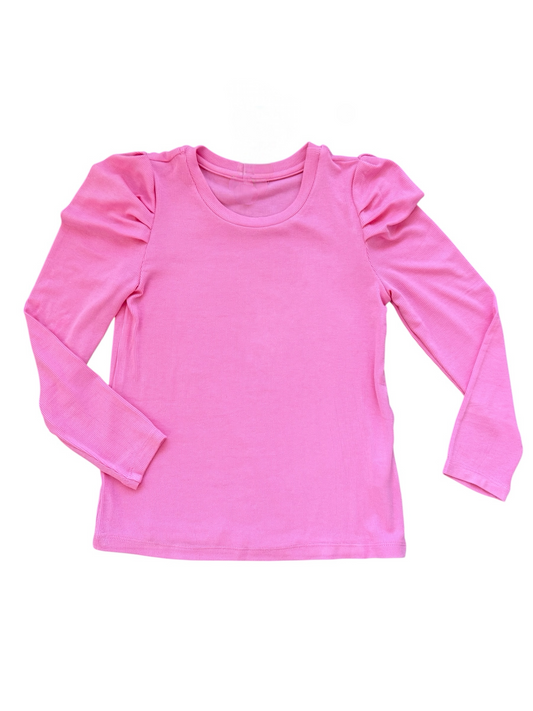Puff Sleeve Slinky Rib Long Sleeve Tee - Pink