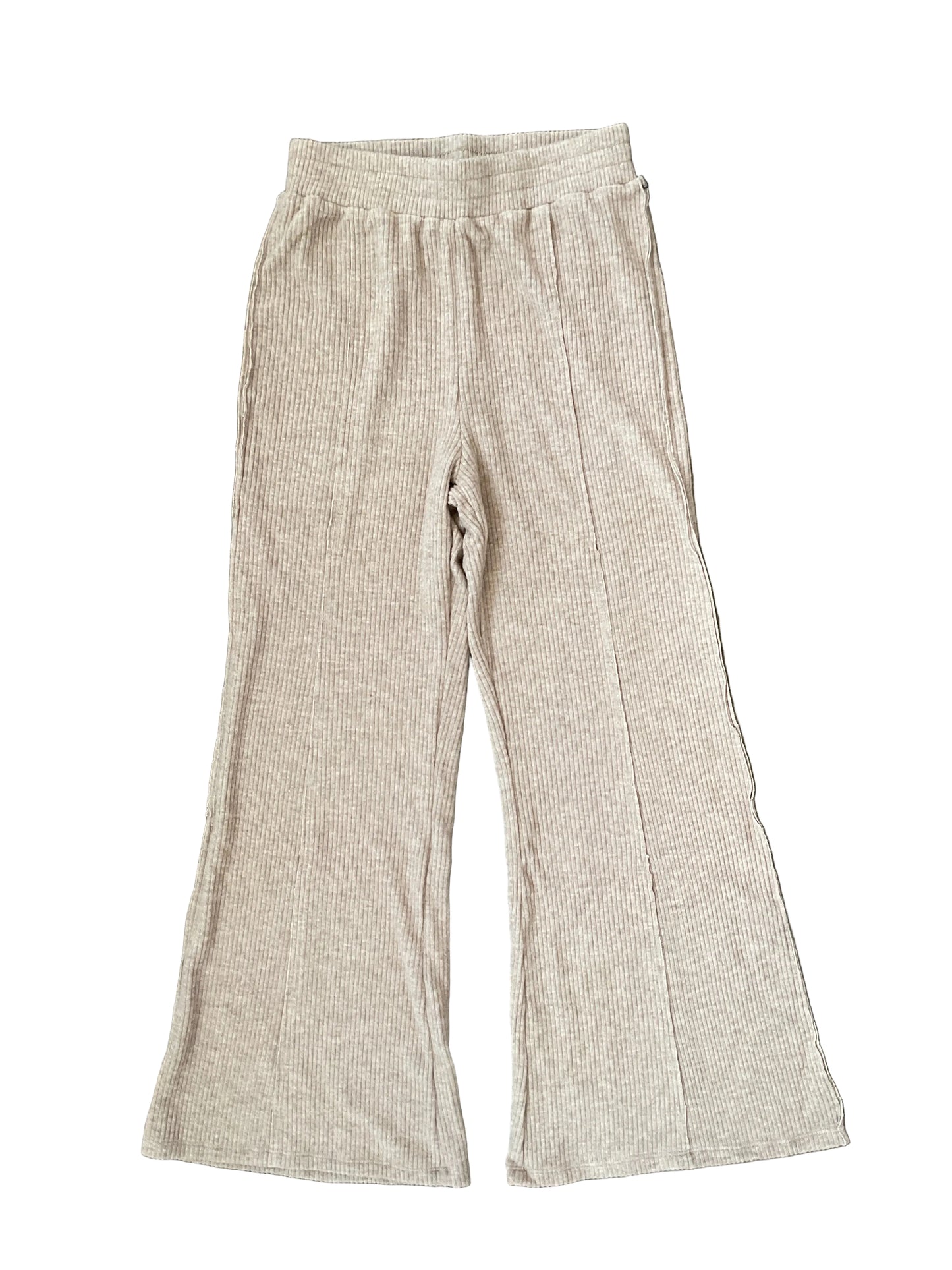 A pair of light beige ribbed knit wide-leg pants laid flat on a white background
