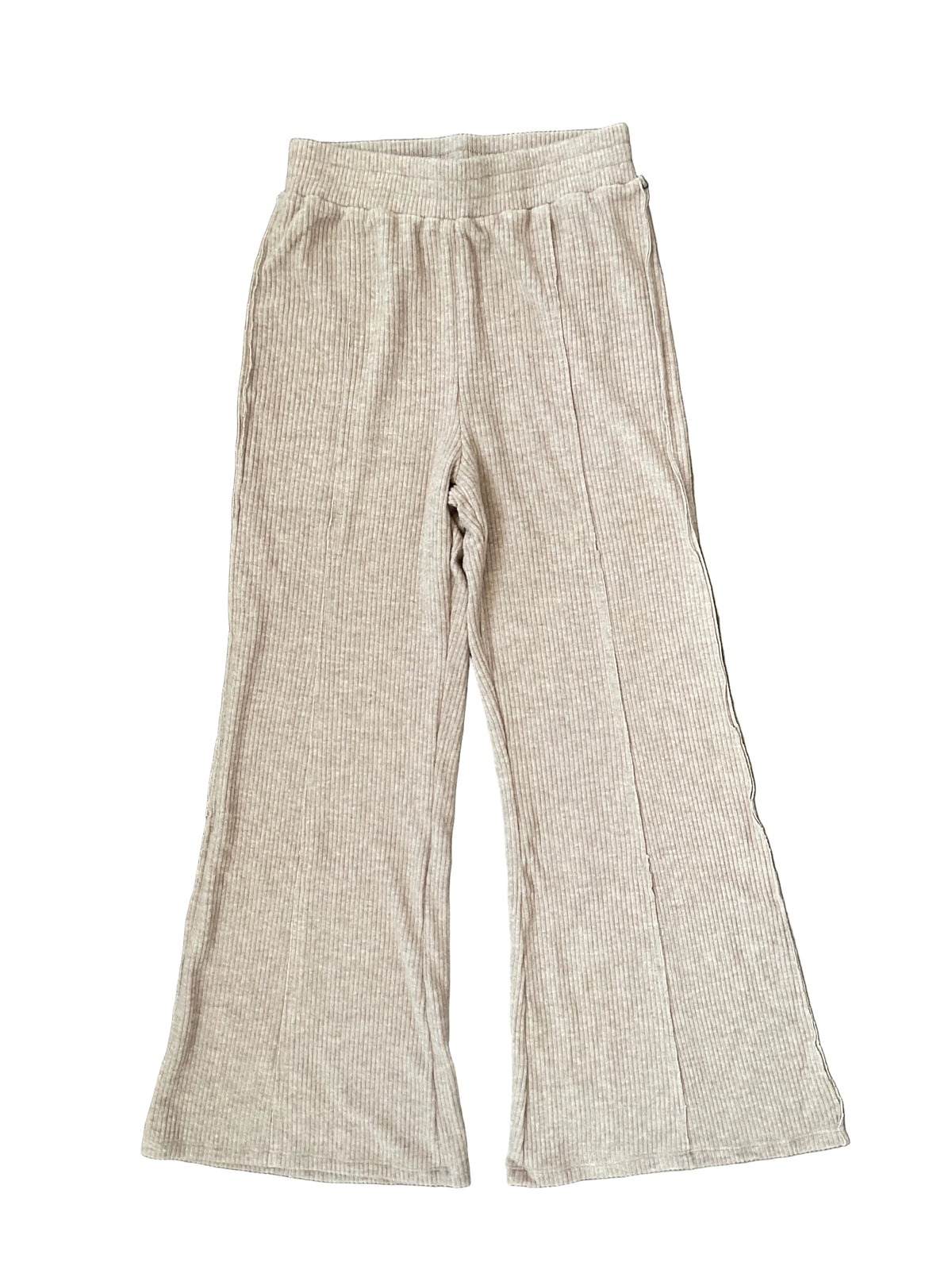 A pair of light beige ribbed knit wide-leg pants laid flat on a white background