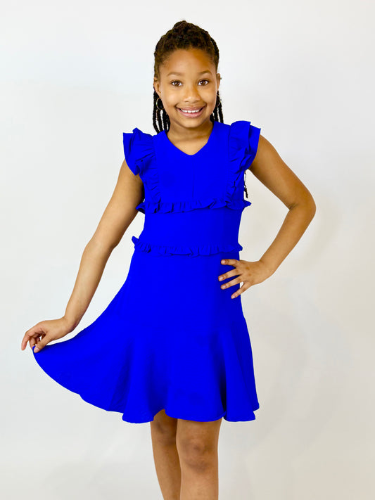 Lilith V Neck Ruffle Dress - Blue