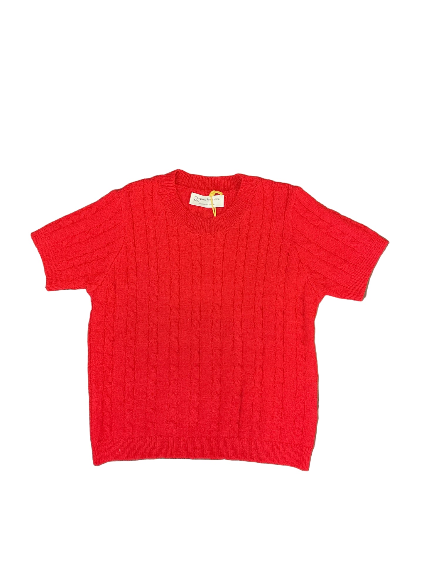 Short Sleeve Cable Knit Sweater- Red