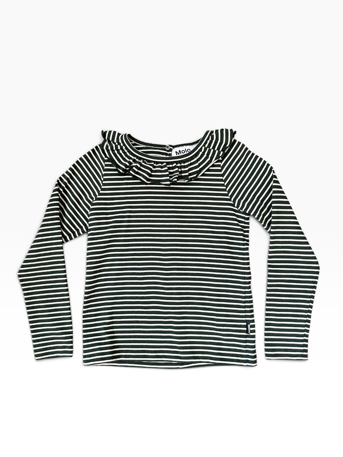A long-sleeve children's top with horizontal dark green and white stripes, featuring a ruffled high collar, laid flat against a white background.