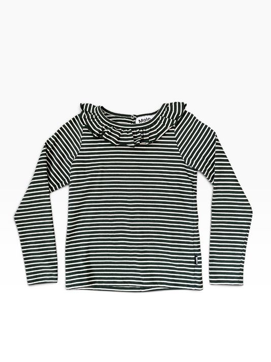 A long-sleeve children's top with horizontal dark green and white stripes, featuring a ruffled high collar, laid flat against a white background.