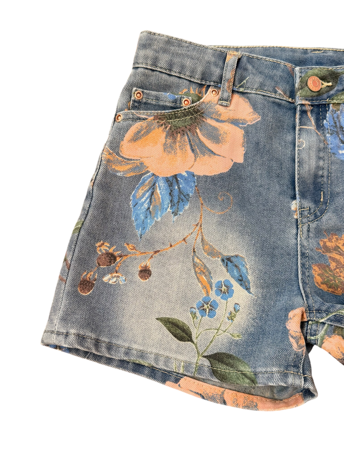 Floral Printed Denim Shorts - Indigo