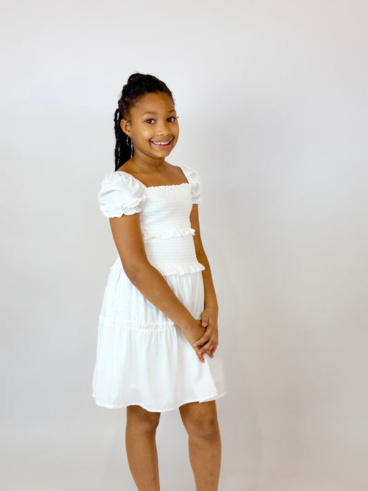 Berkley Puff Sleeve Smocked Ruffle Dress - White