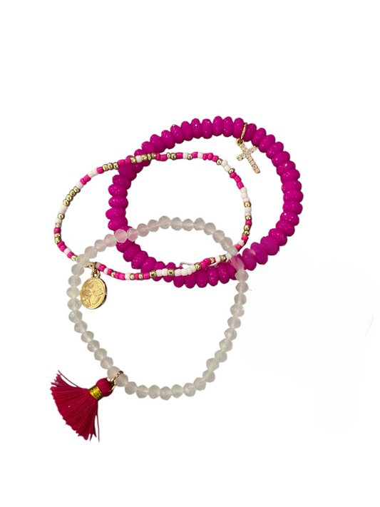 Jane Marie Beaded Stretch Bracelet with Cross Charm - Fuschia