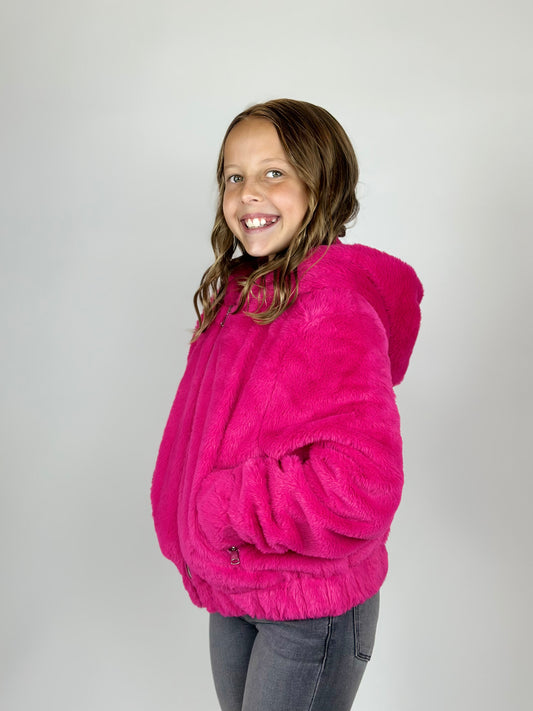 Faux Fur Hooded Jacket - Bubblegum Pink