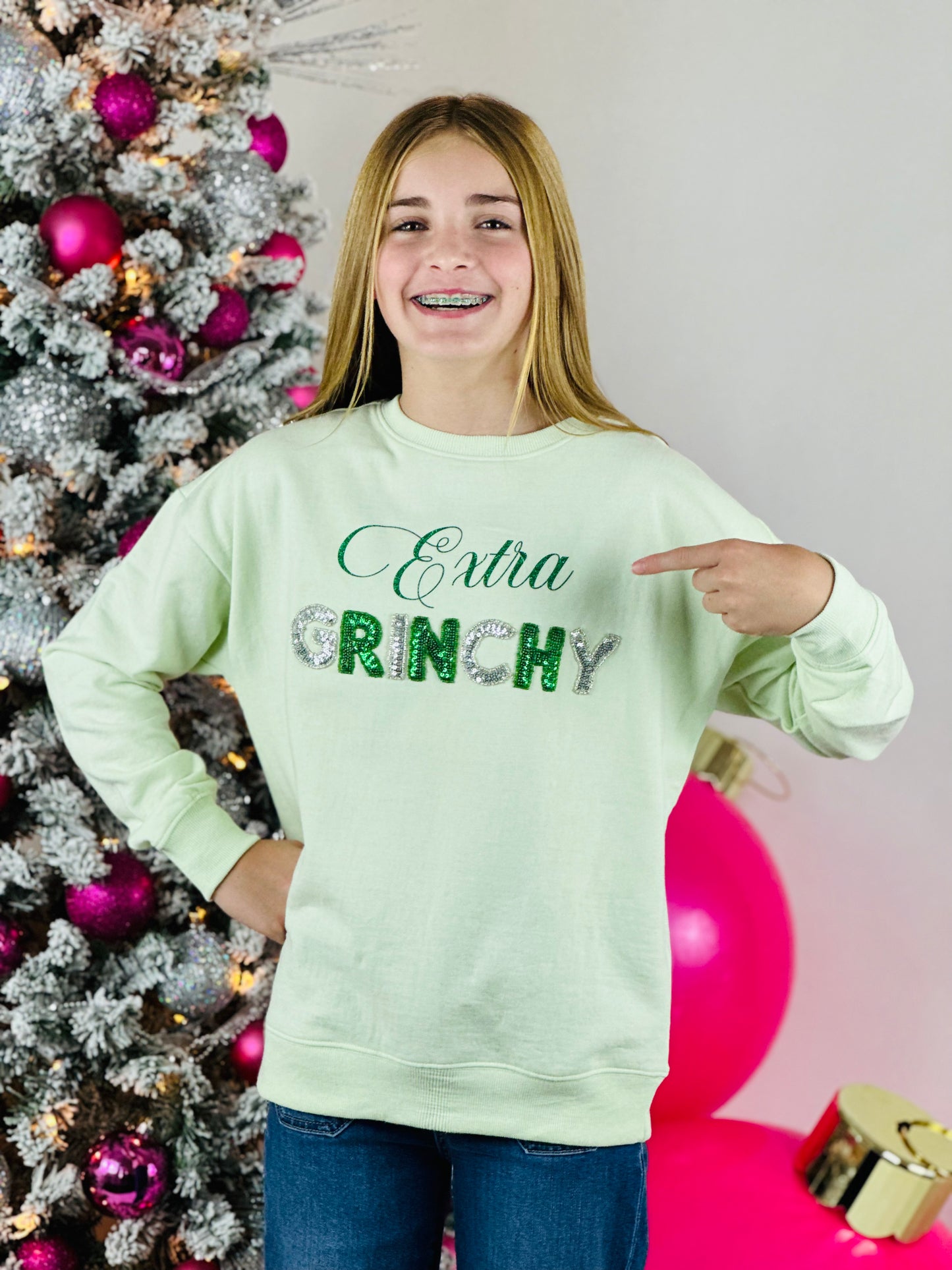 Glitter and Sequin Extra Grinchy Graphic Sweatshirt