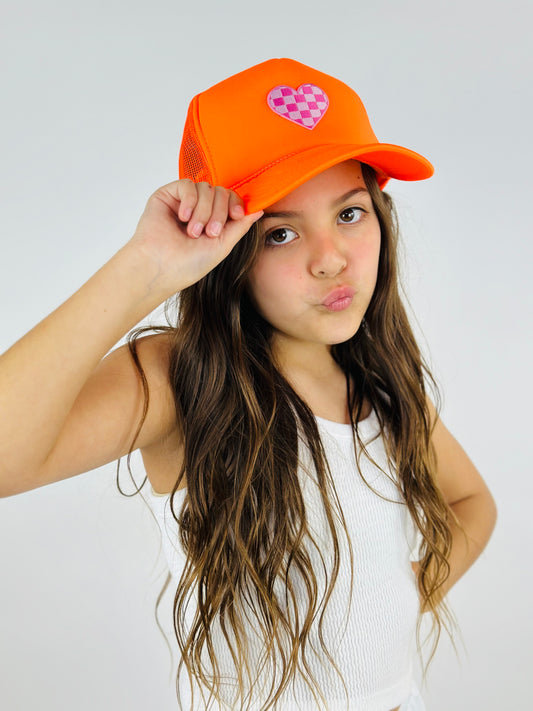 Neon Orange Checkered Heart Trucker Hat - Adult