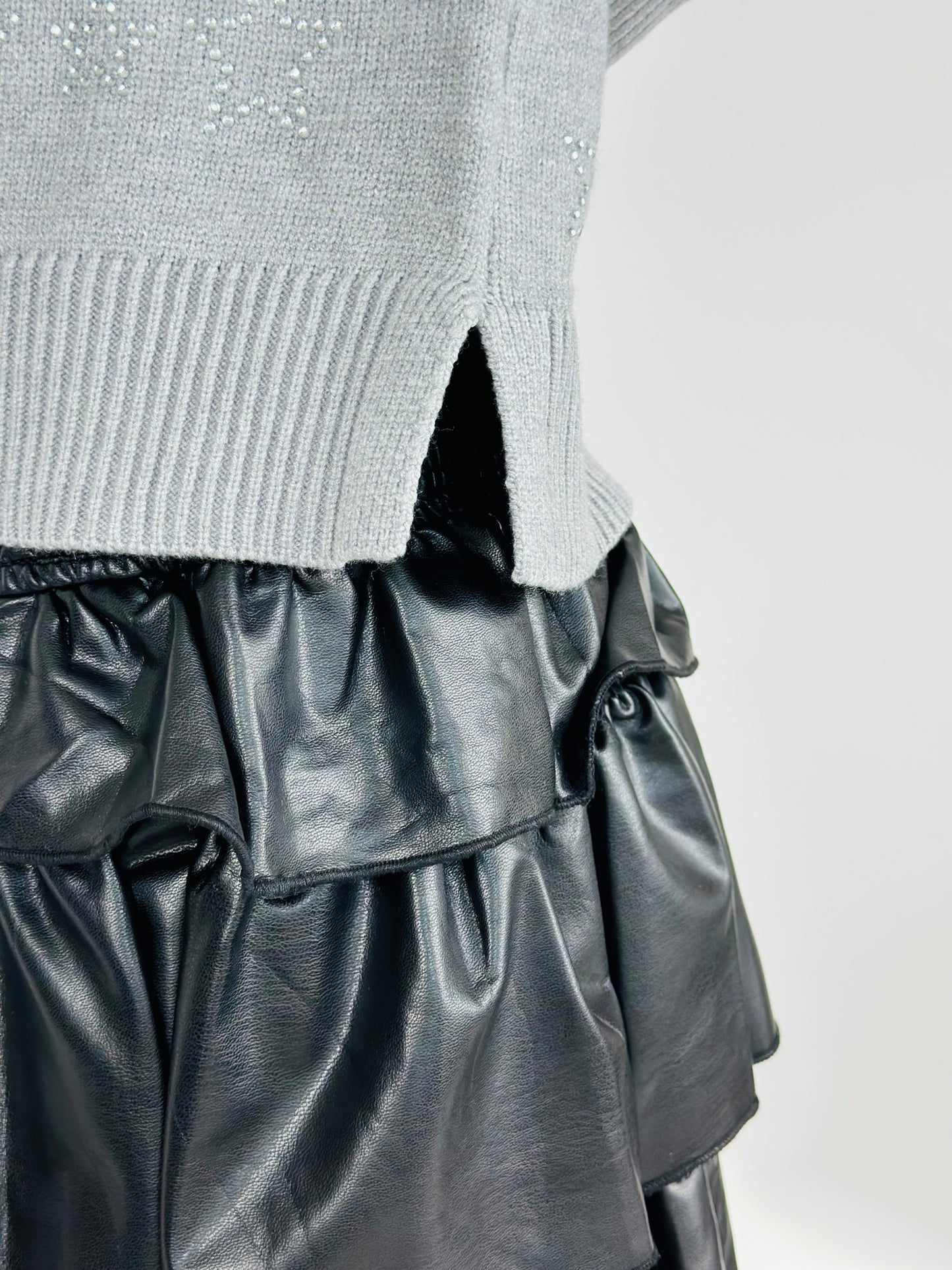 Vegan Leather Tiered Mini Skirt - Black