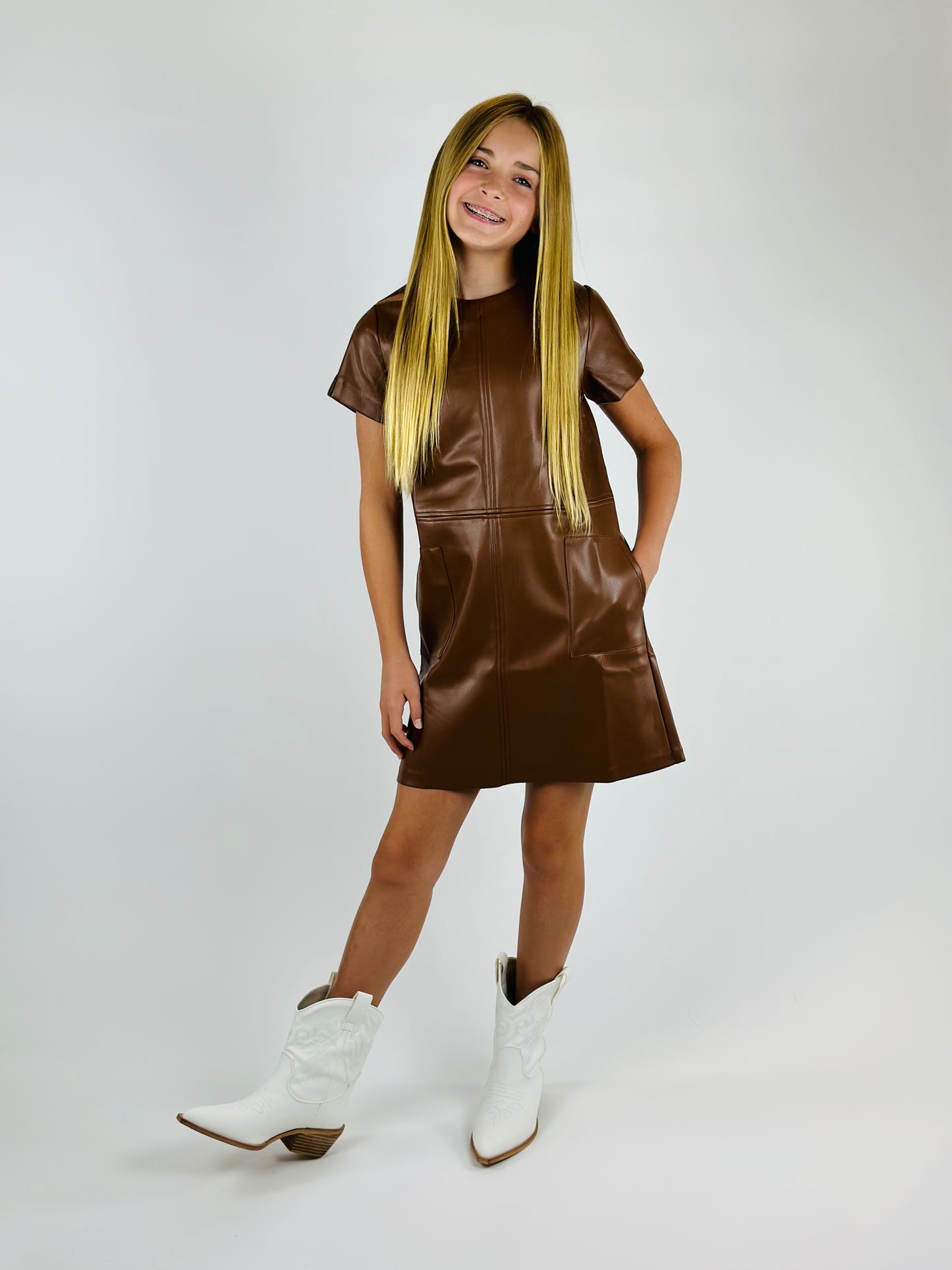 Faux Leather Dress - Brown