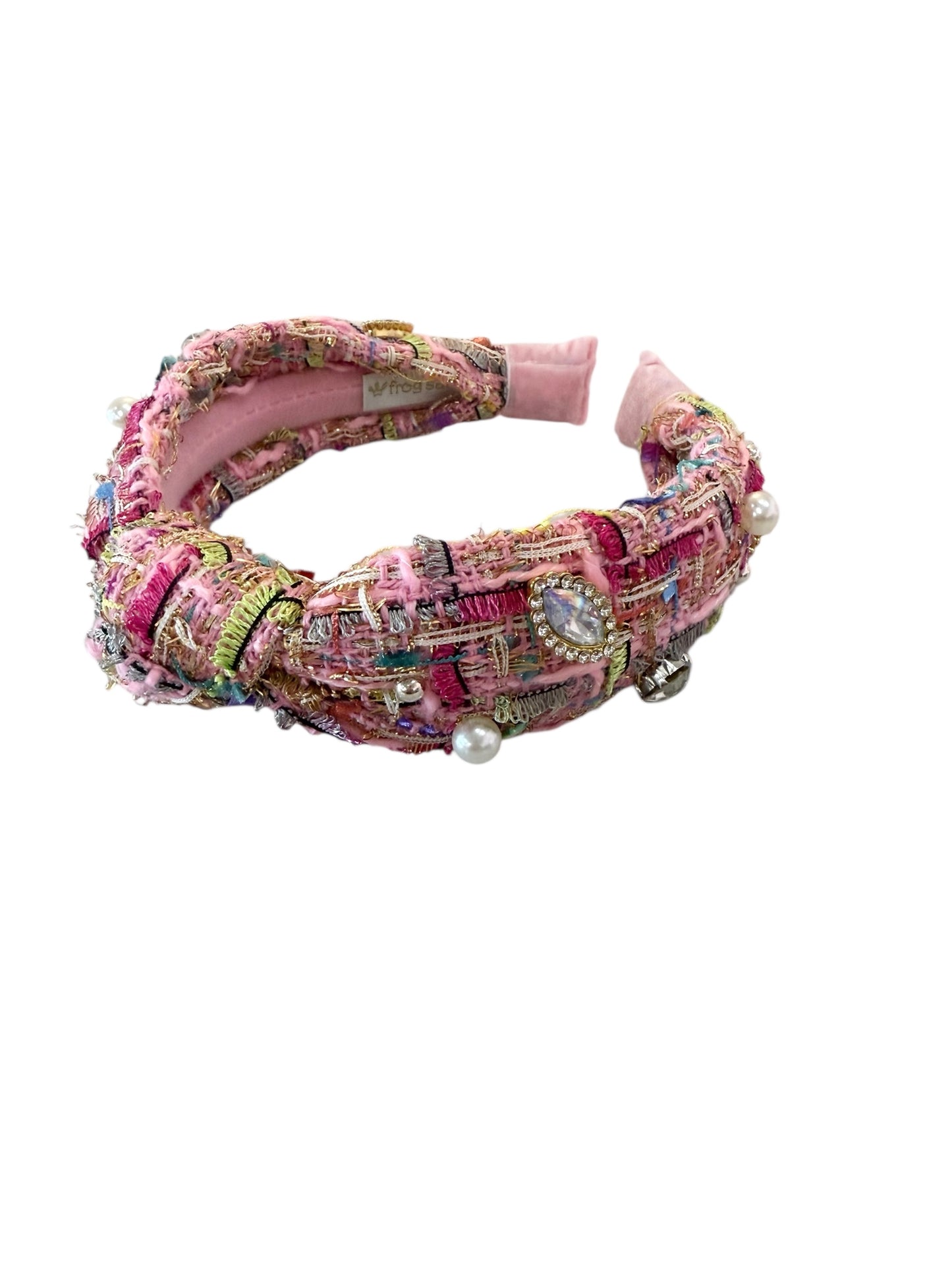 Embellished Knot Headband - Tweed Rhinestone Pearl - Pink