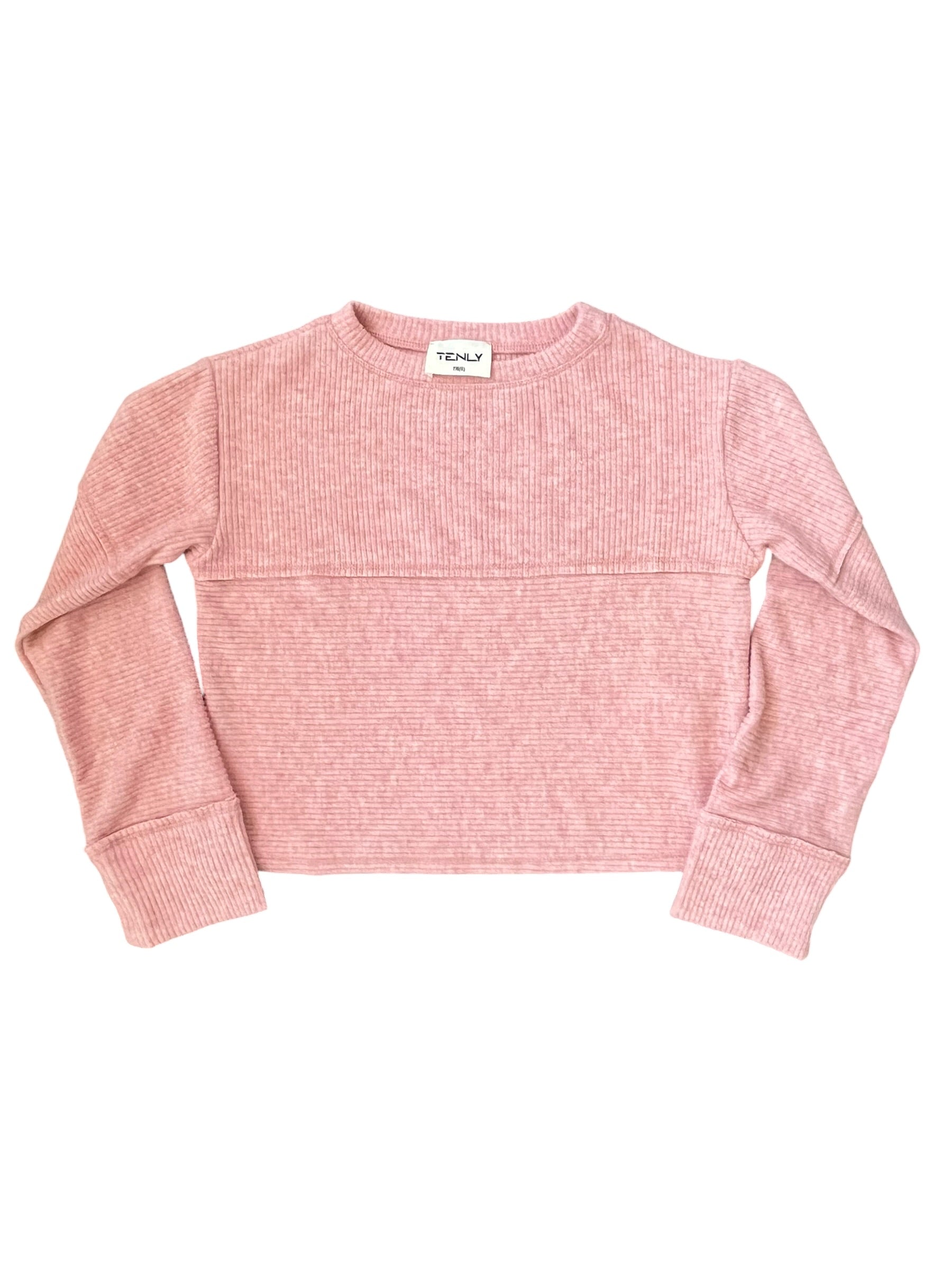 A pink ribbed knit long-sleeve crop top sweater with a crew neck and ribbed cuffs, laid flat on a white background. The brand name 'TENLY” is visible on the inner neck label.