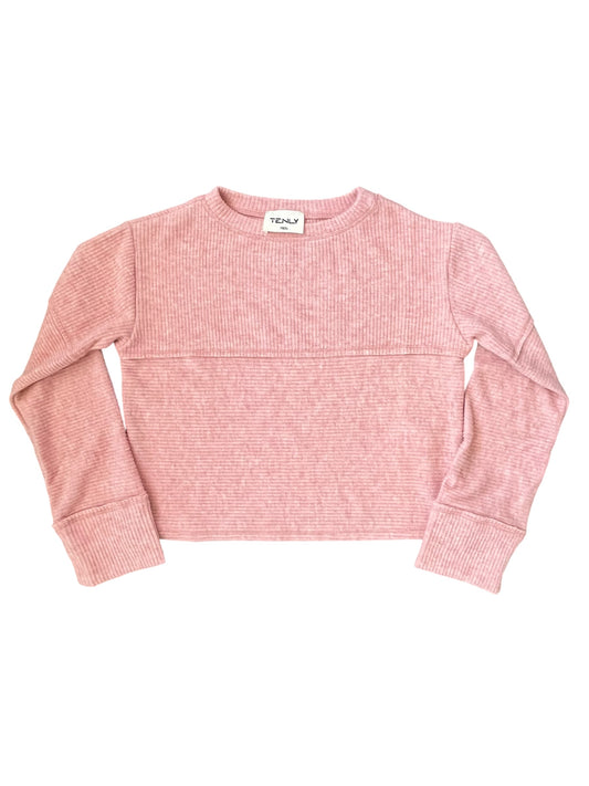 A pink ribbed knit long-sleeve crop top sweater with a crew neck and ribbed cuffs, laid flat on a white background. The brand name 'TENLY” is visible on the inner neck label.