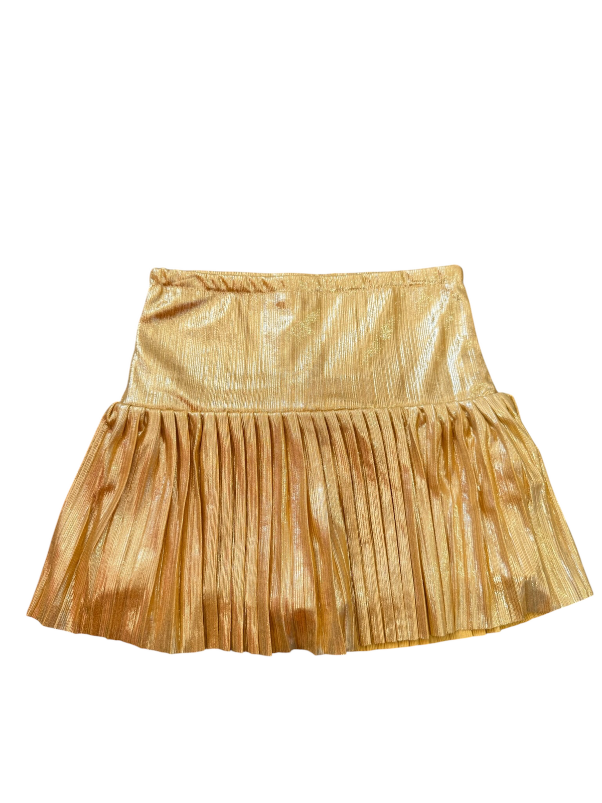 A metallic gold pleated mini skirt with a textured, shimmering finish, shown flat against a plain white background.