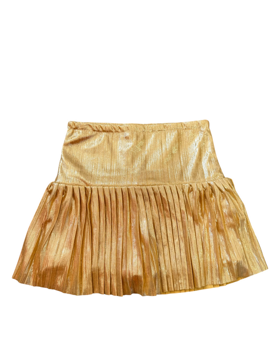 A metallic gold pleated mini skirt with a textured, shimmering finish, shown flat against a plain white background.