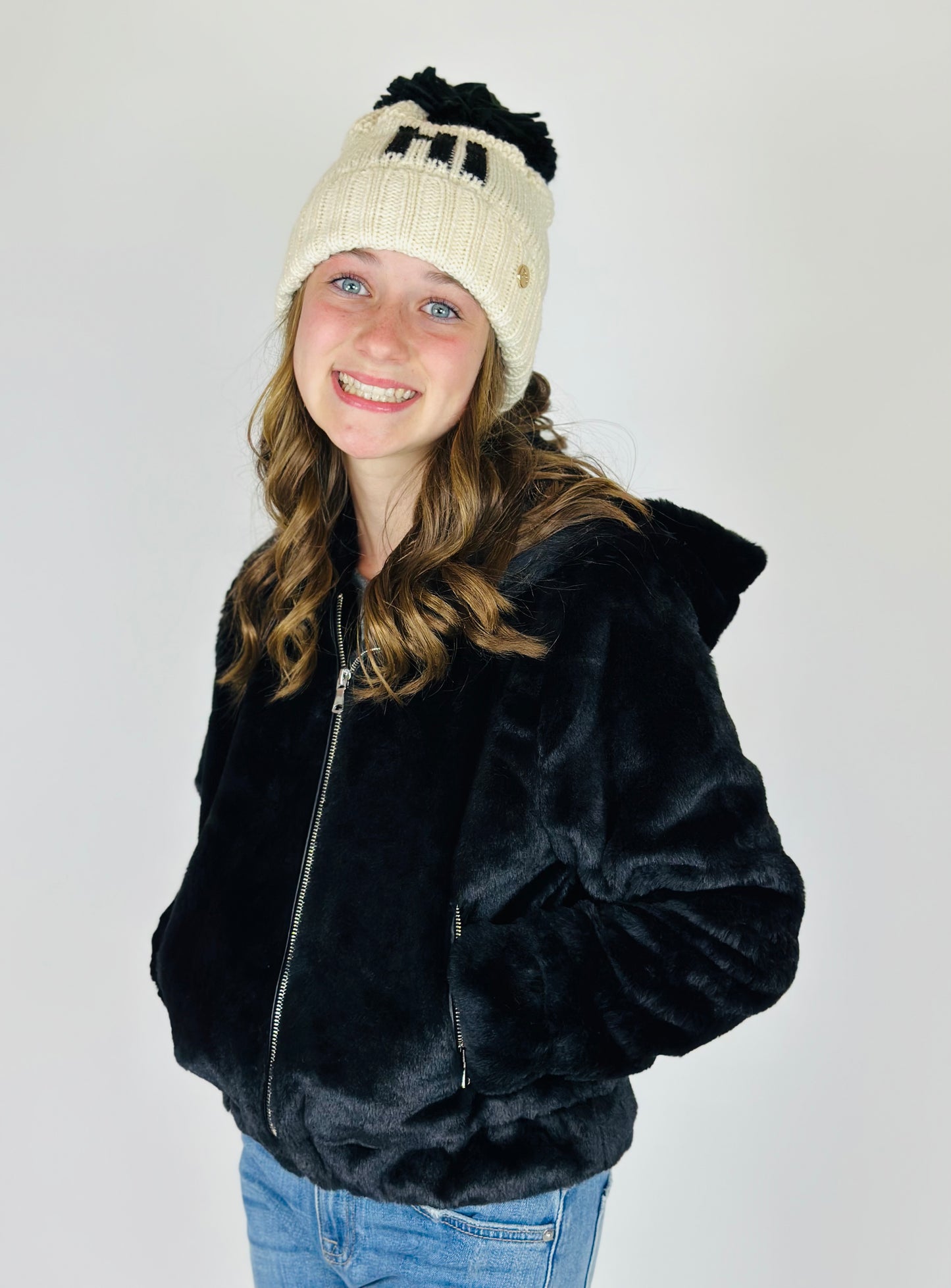 Faux Fur Hooded Jacket - Black Lo