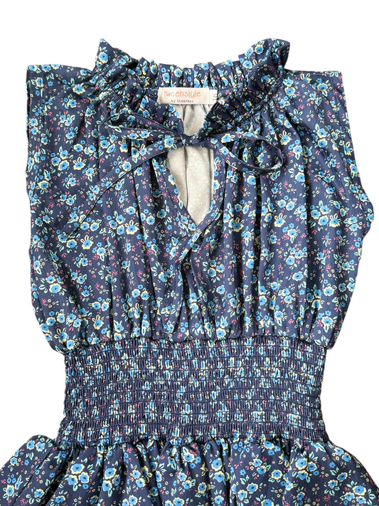 Ditzy Print Tie Neck Smocked Dress - Blue