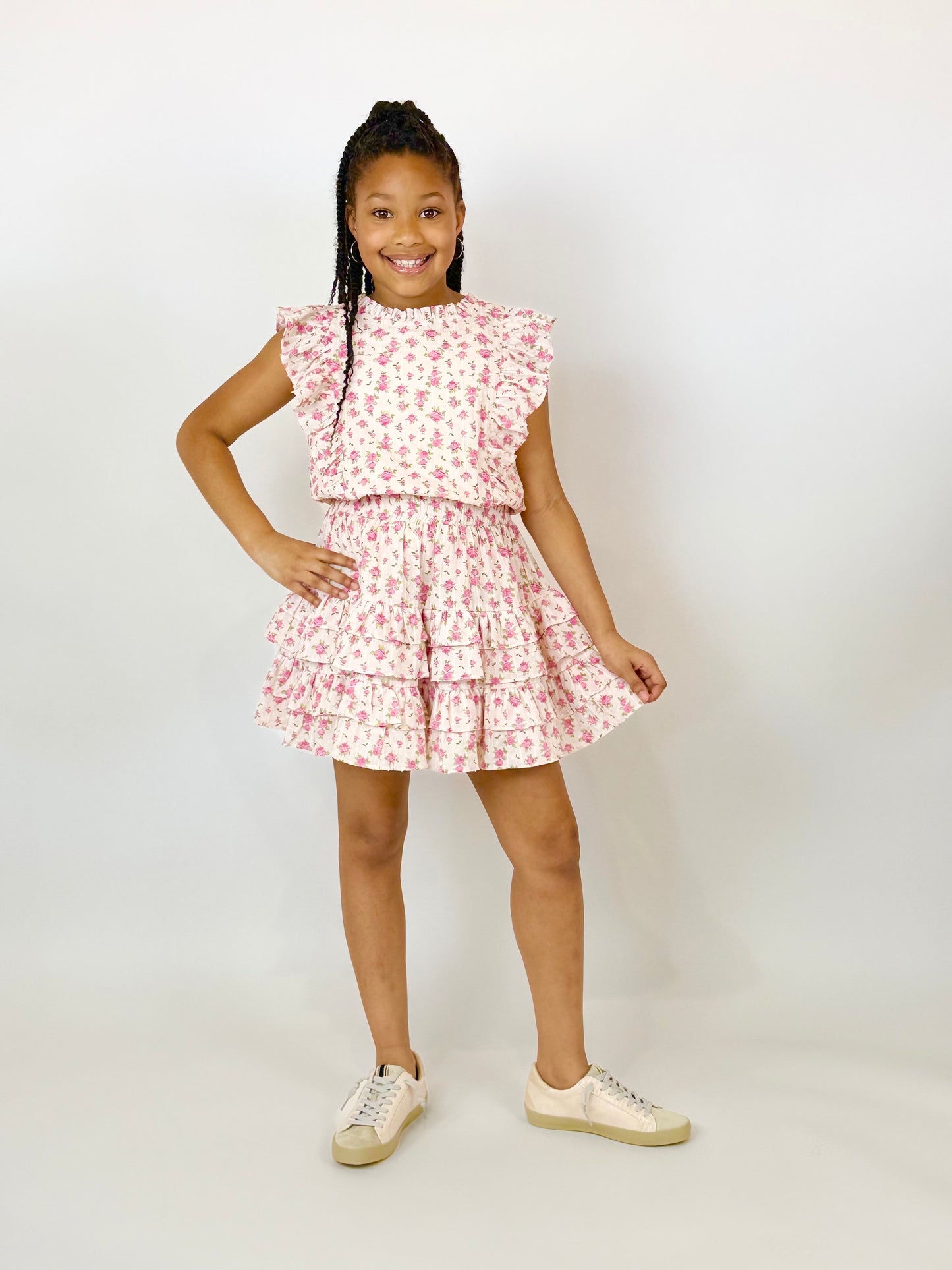 Tween pink floral dress with ruffle sleeves