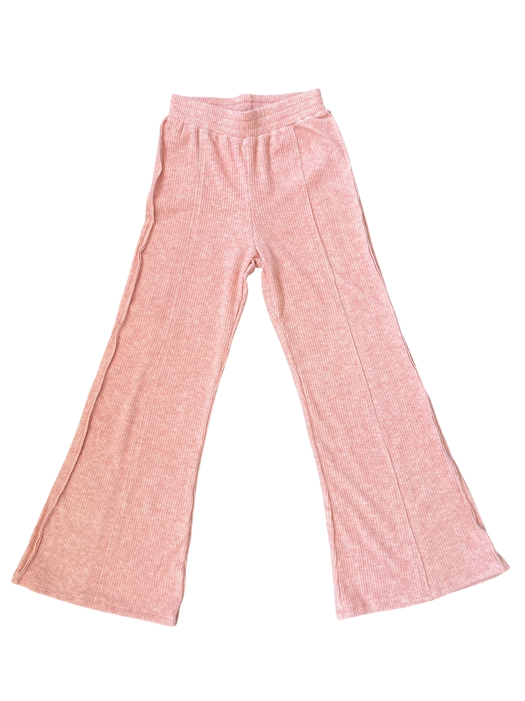A pair of heathered pink wide-leg pants with an elastic waistband, laid flat against a solid white background.