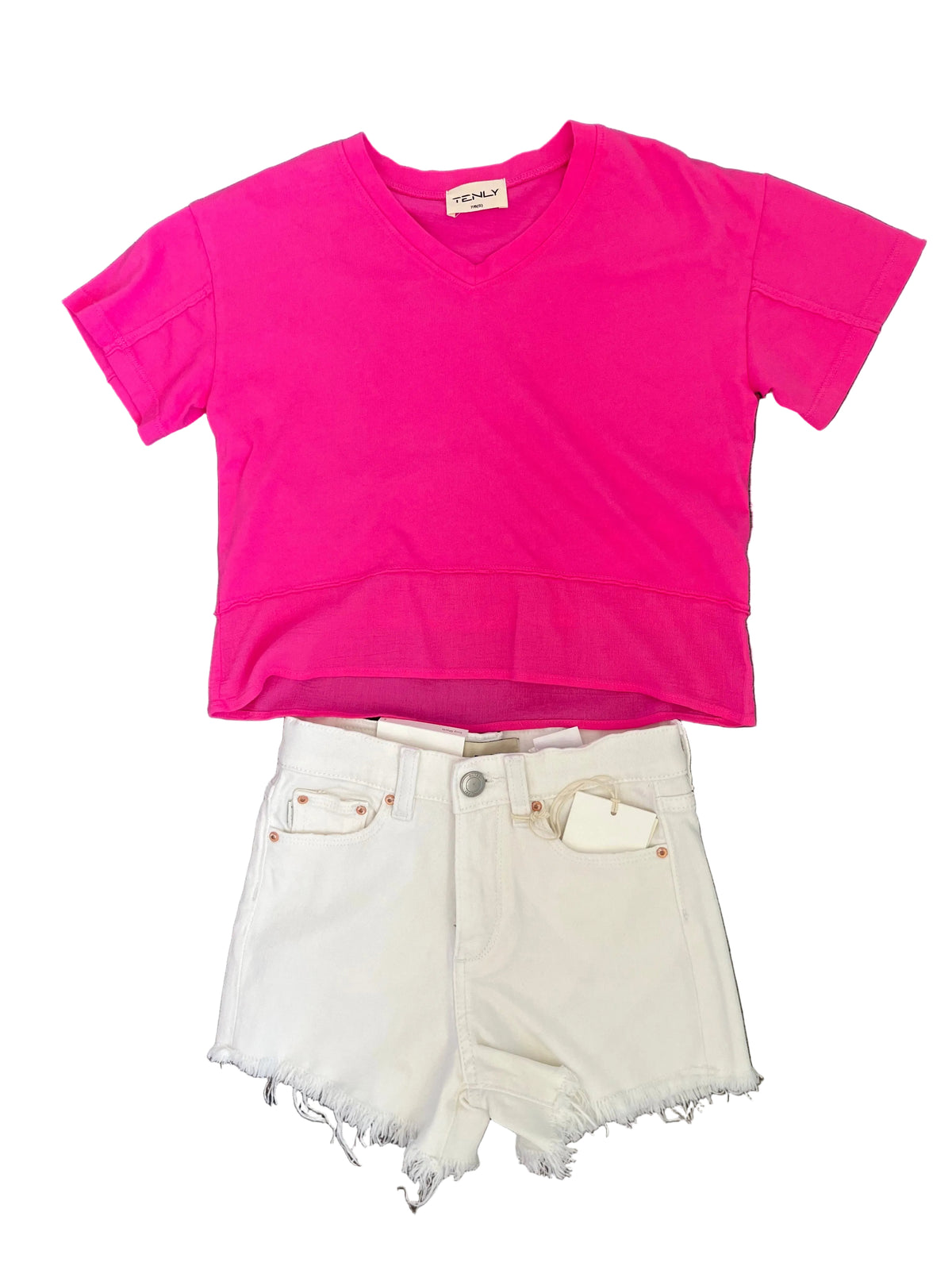 Tenly Mixed Media V-Neck Tee - Hot Pink