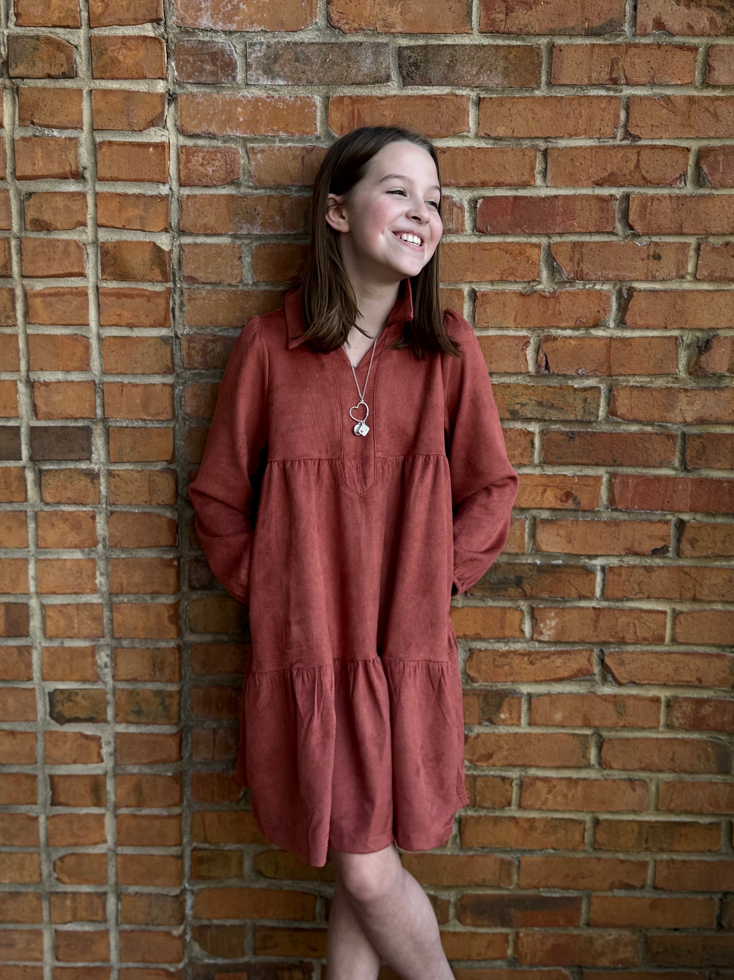 Faux Suede Tiered Dress - Rust