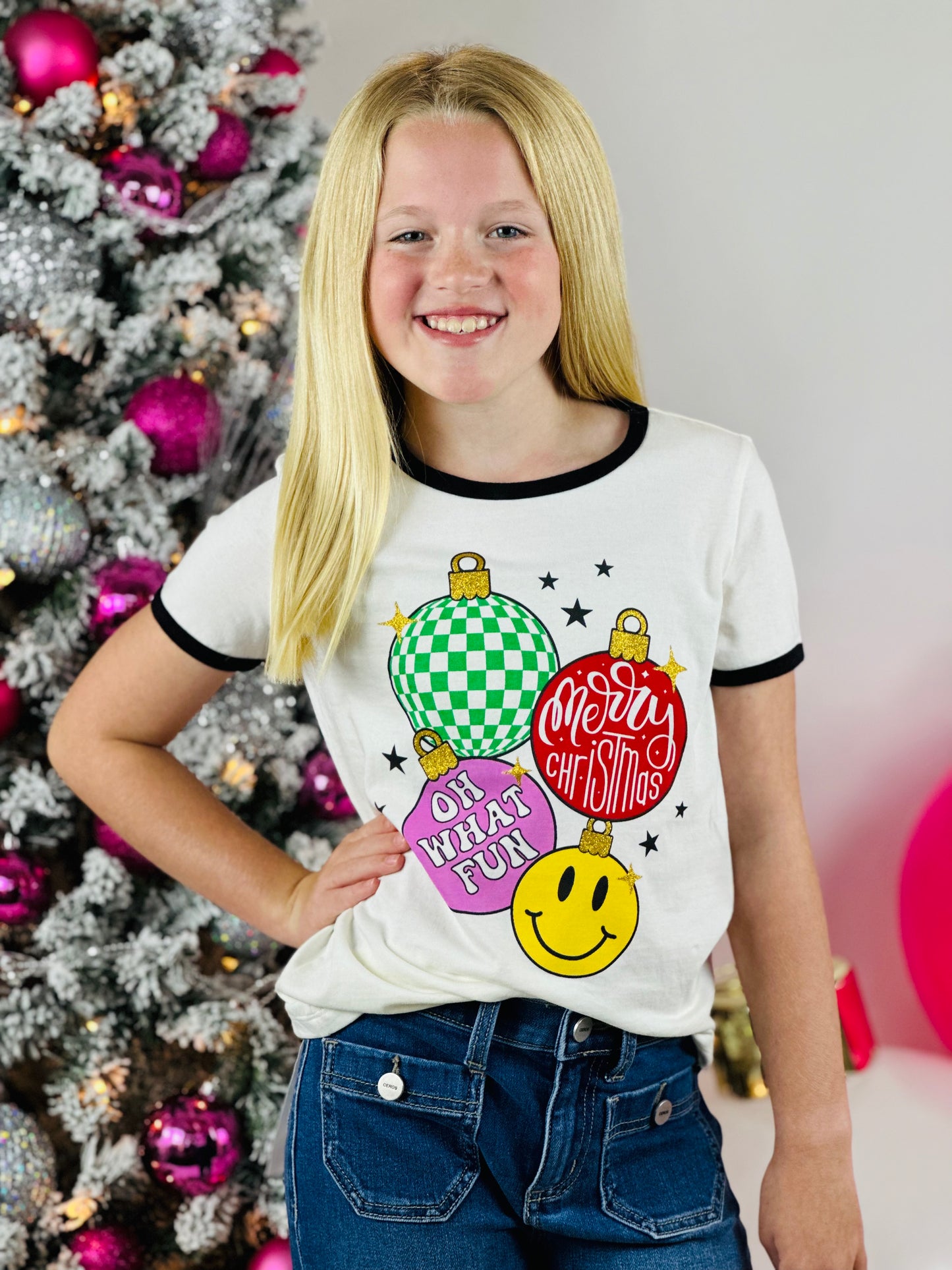 Oh What Fun Glitter Ornaments Graphic Tee Lo