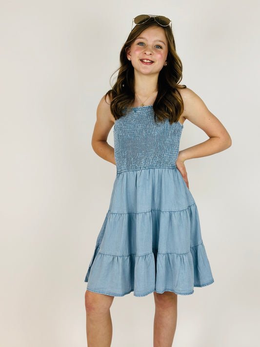 Smocked Tiered Skirt Mini Dress - Denim Tencel