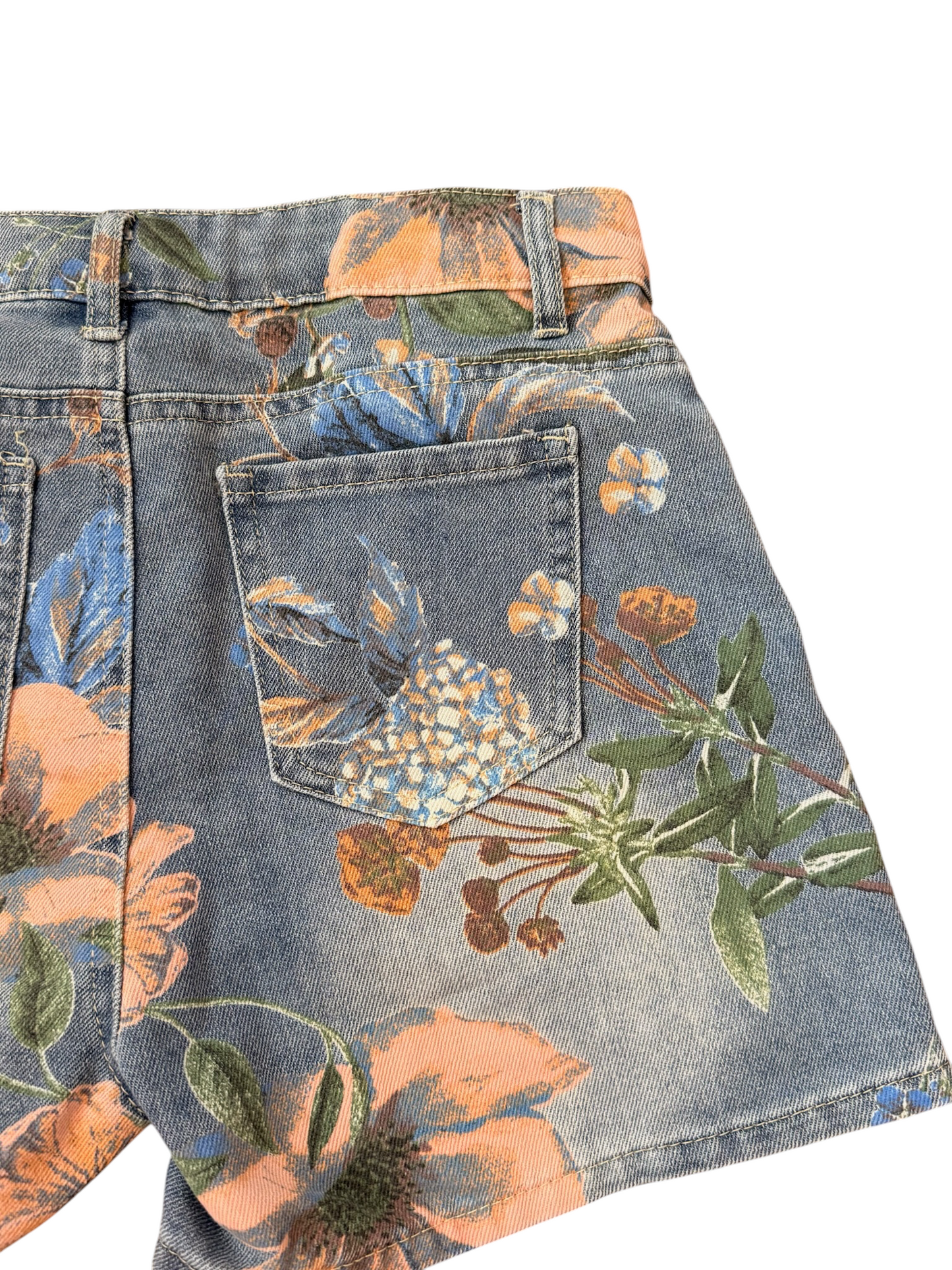 Floral Printed Denim Shorts - Indigo