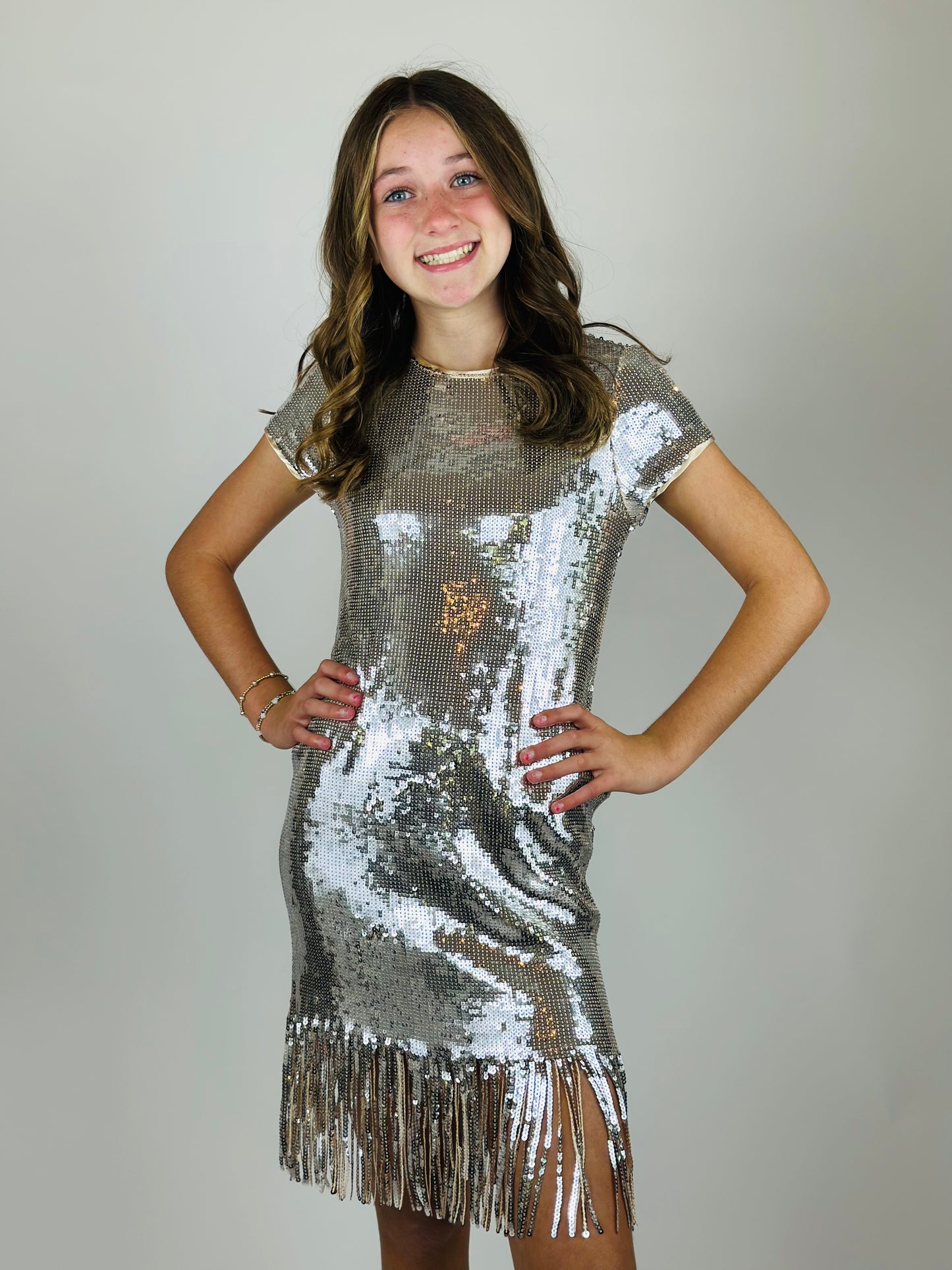 Sequin T-Shirt Dress with Fringe