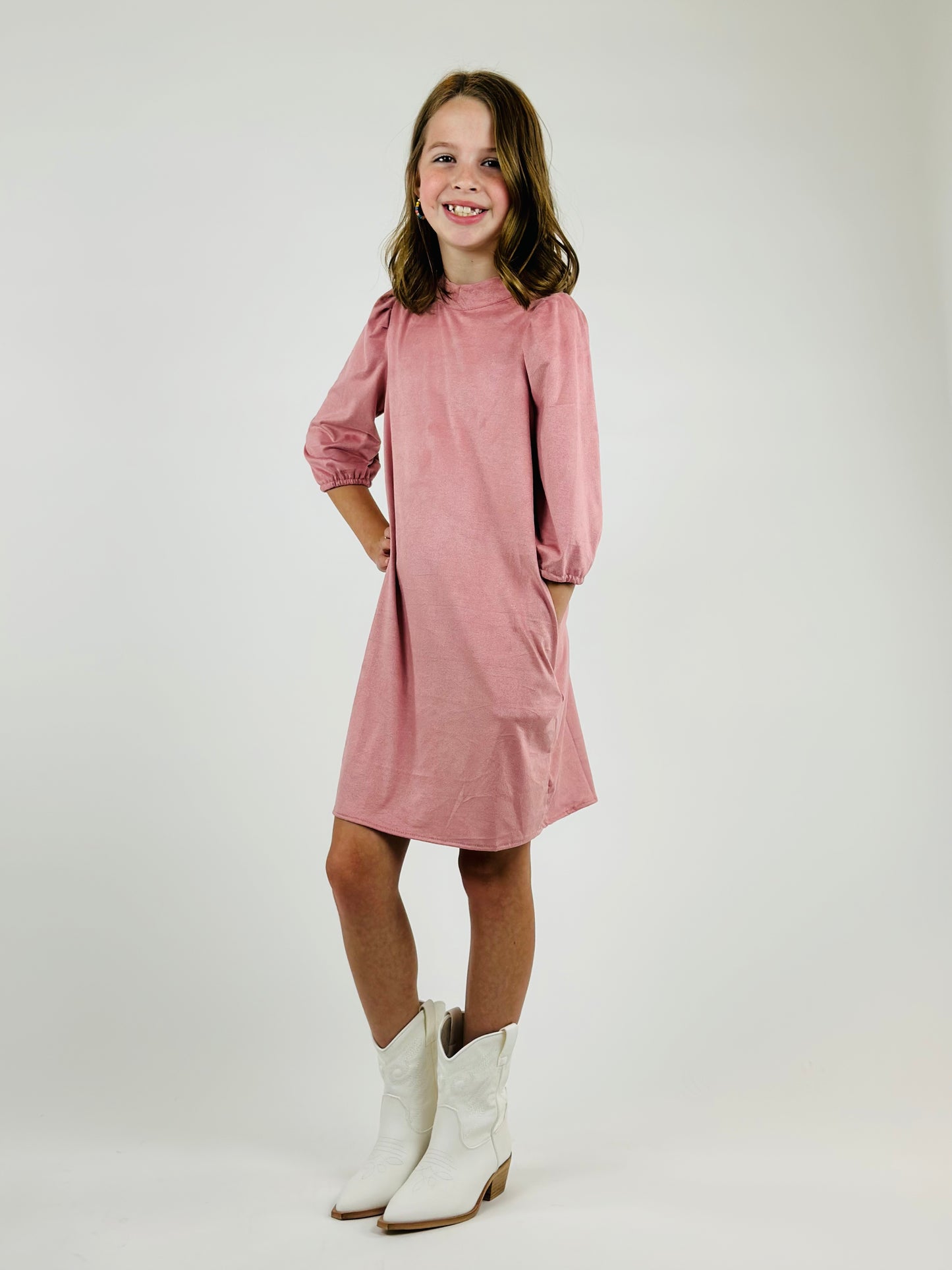 Puff Shoulder Suede Dress - Dusty Pink