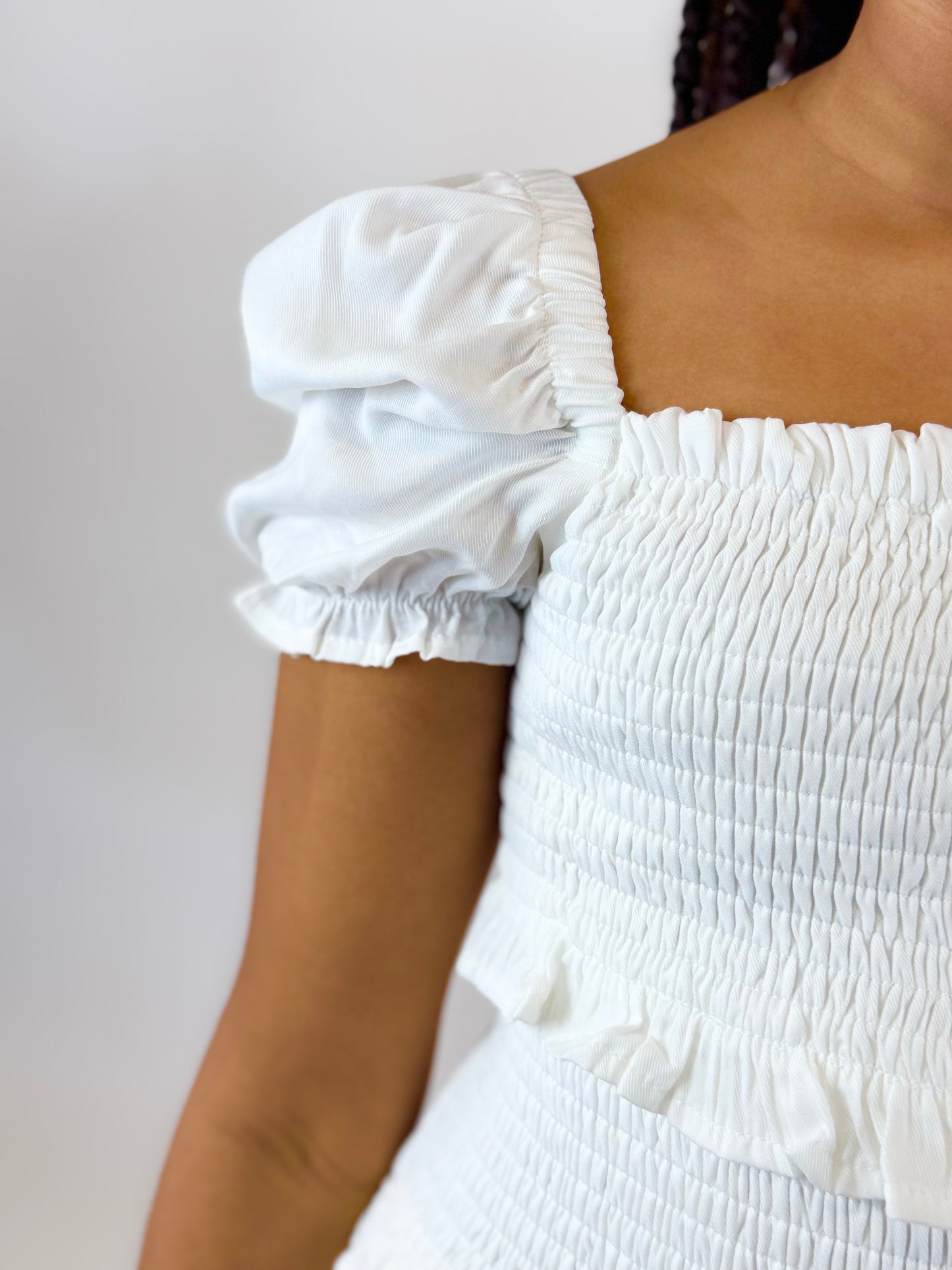 Berkley Puff Sleeve Smocked Ruffle Dress - White