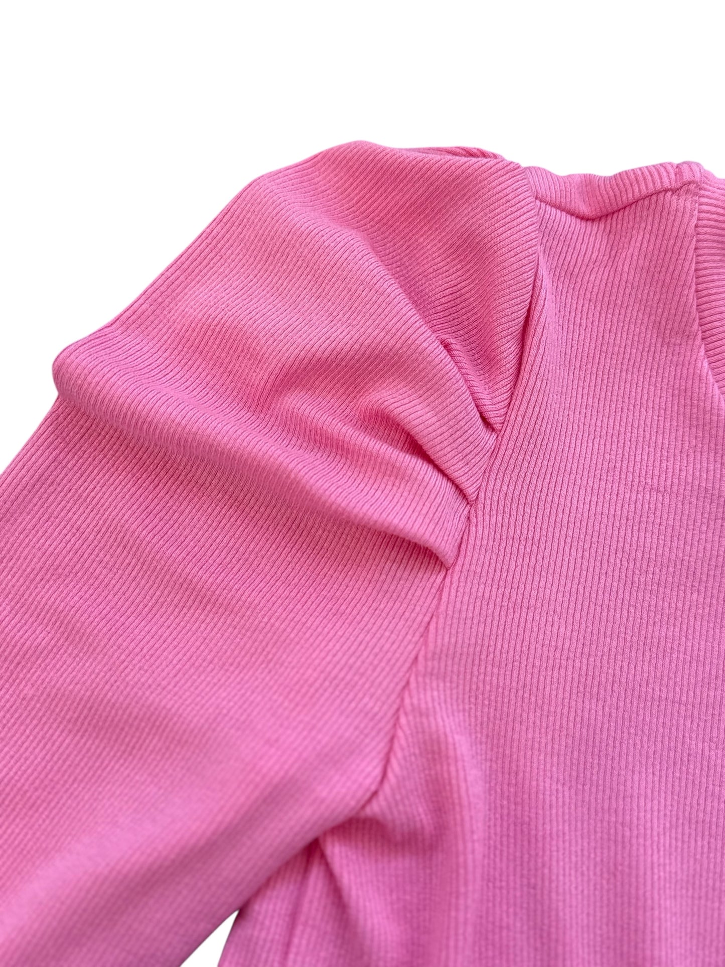 Puff Sleeve Slinky Rib Long Sleeve Tee - Pink