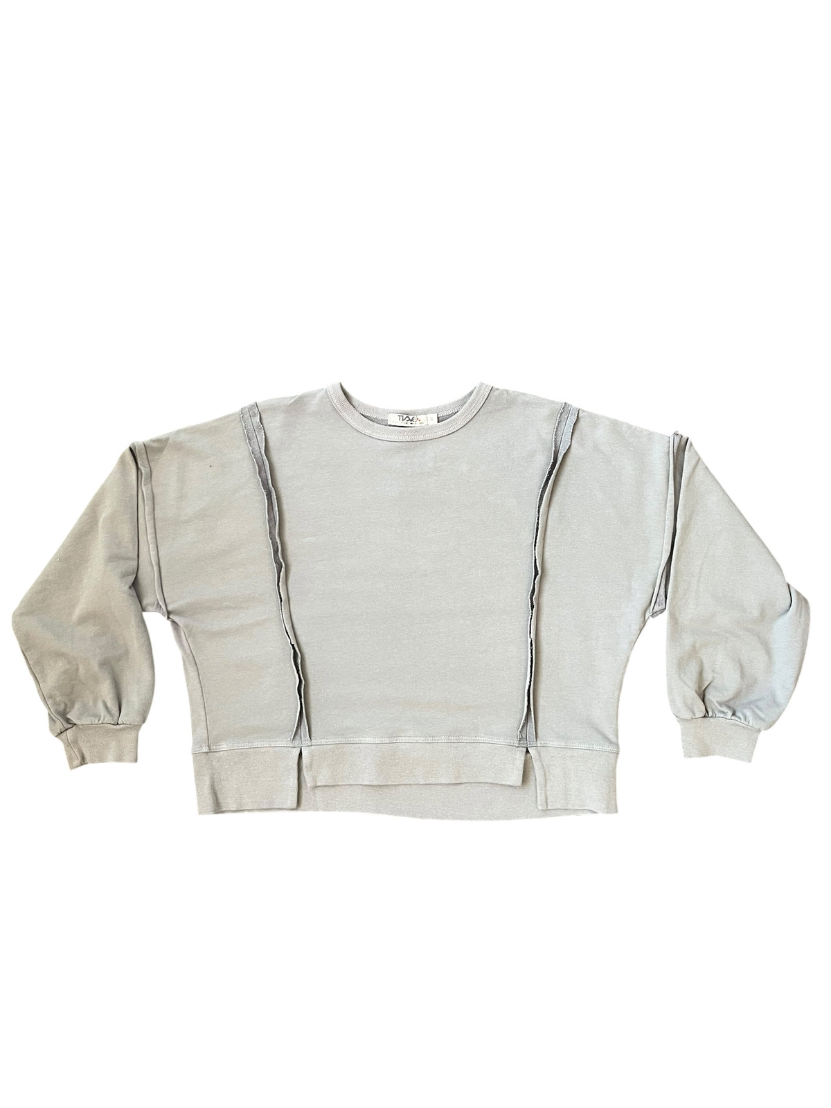 A light gray cropped sweatshirt with unique vertical seam details and balloon sleeves, laid flat on a white background.