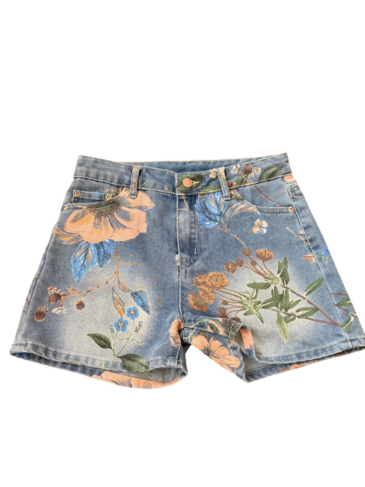 Floral Printed Denim Shorts - Indigo
