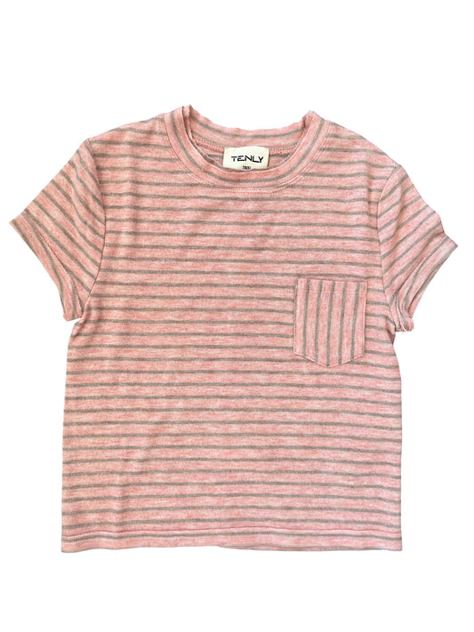 A short-sleeve crewneck t-shirt with horizontal pink and beige stripes, featuring a left chest pocket with vertical stripes, shown flat on a white background.