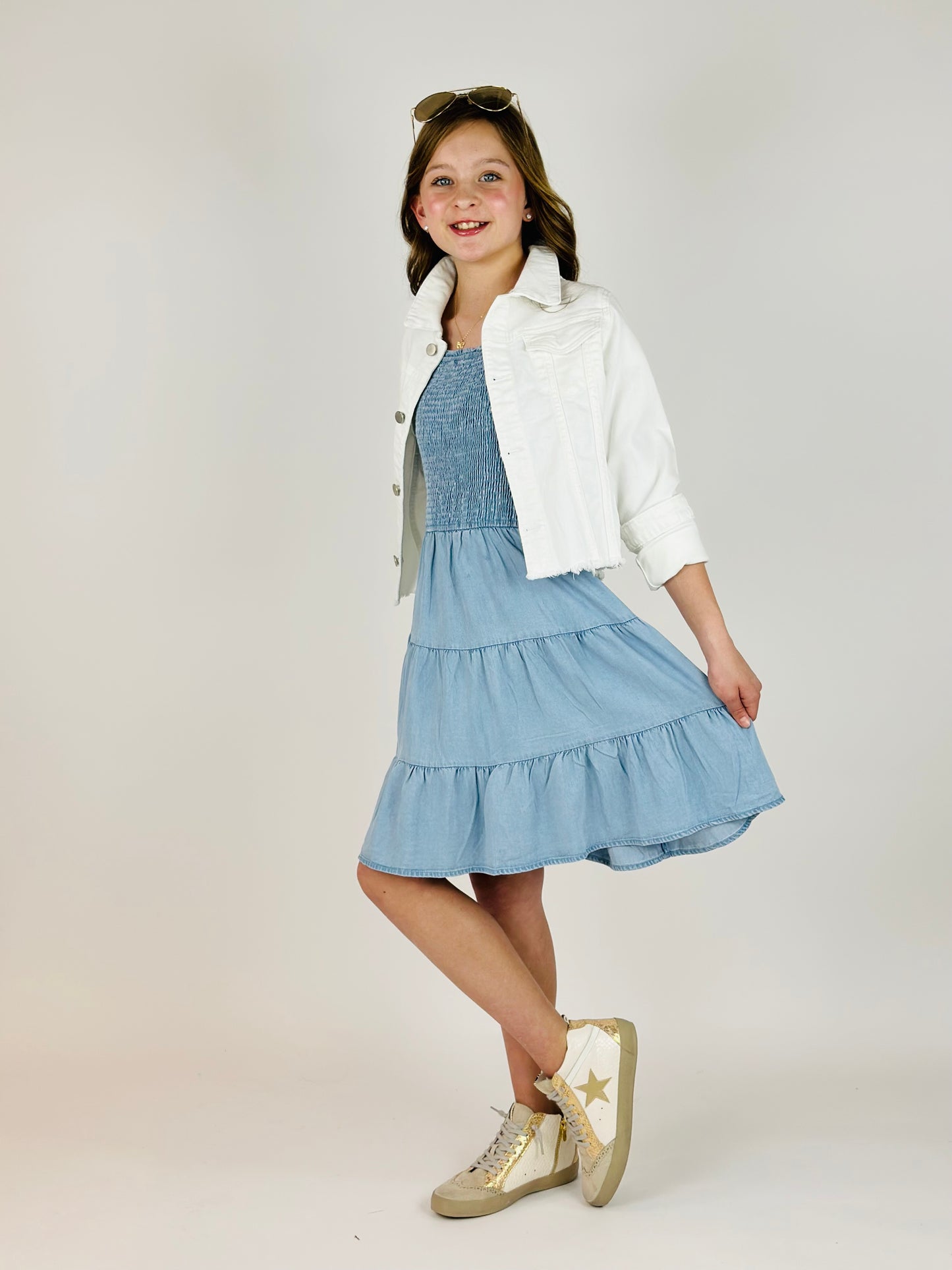 Smocked Tiered Skirt Mini Dress - Denim Tencel