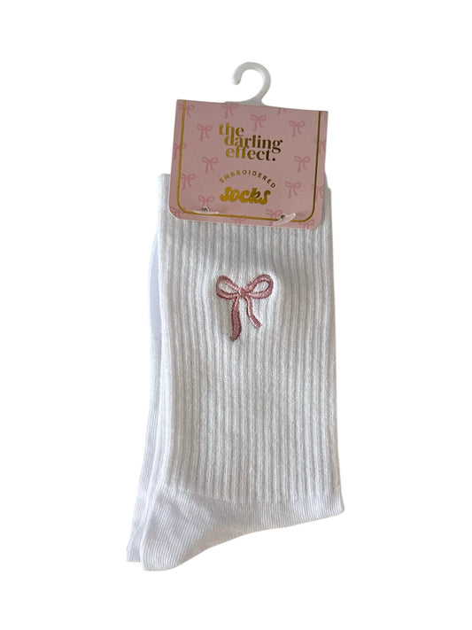 Embroidered Crew Socks - Pink Bow