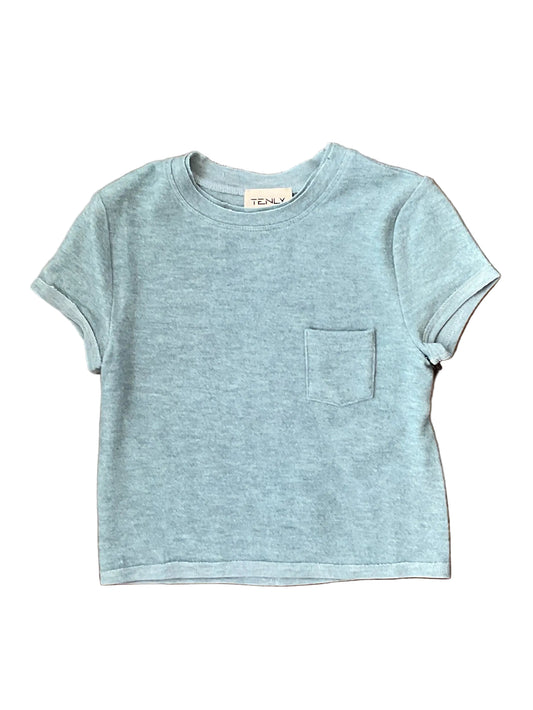 A light blue-gray short-sleeve crewneck t-shirt with a chest pocket, laid flat against a white background. The brand name 'TENLY' is visible on the inner neck label.