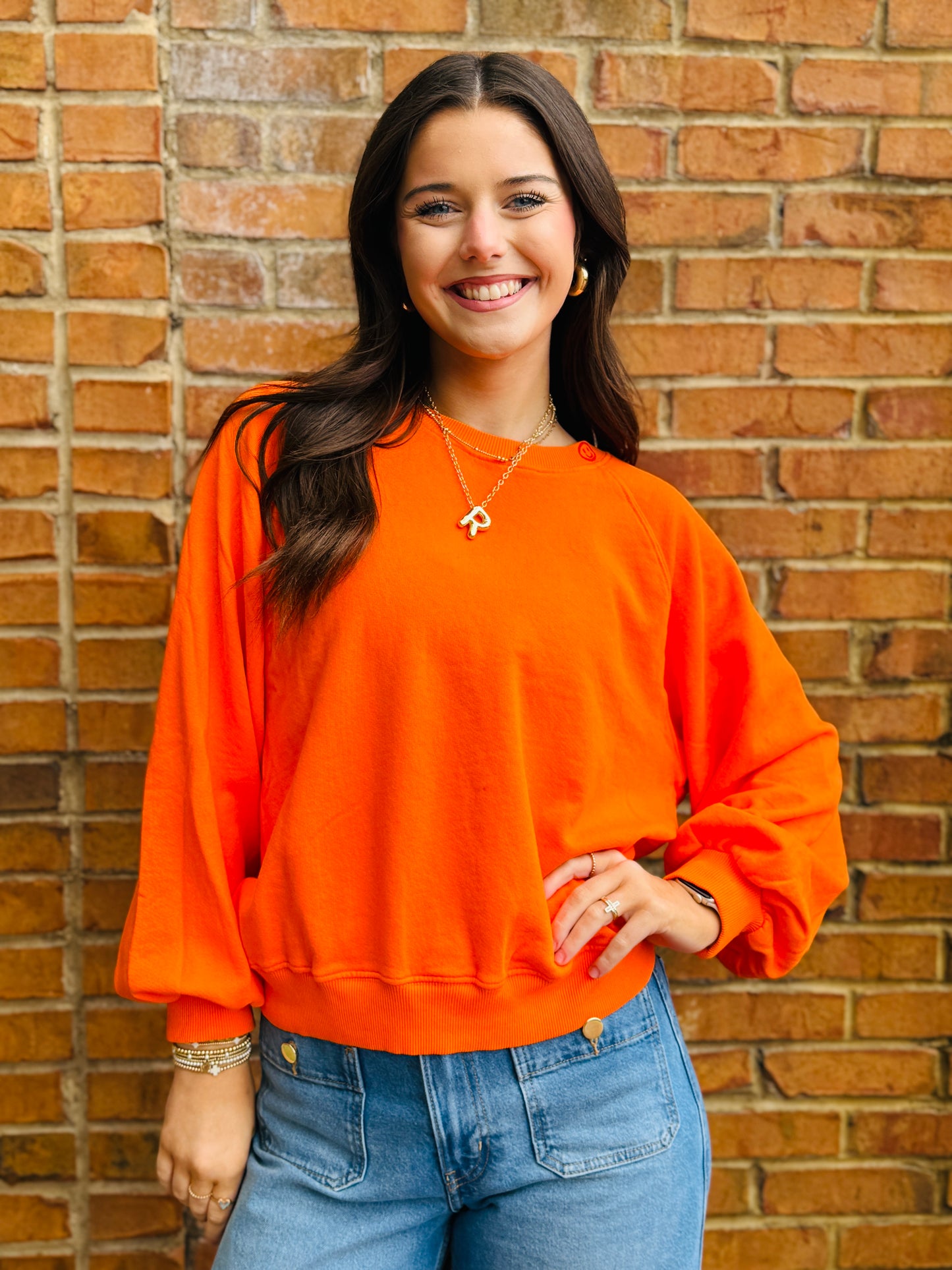Embroidered Smiley Vintage Sweatshirt - Orange