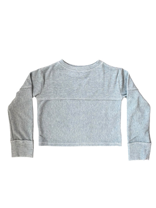 A light blue grey heathered ribbed knit long-sleeve crop top with a crew neck, shown flat against a white background.