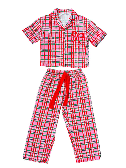 Pink Plaid with Bow Loungewear Pant Set