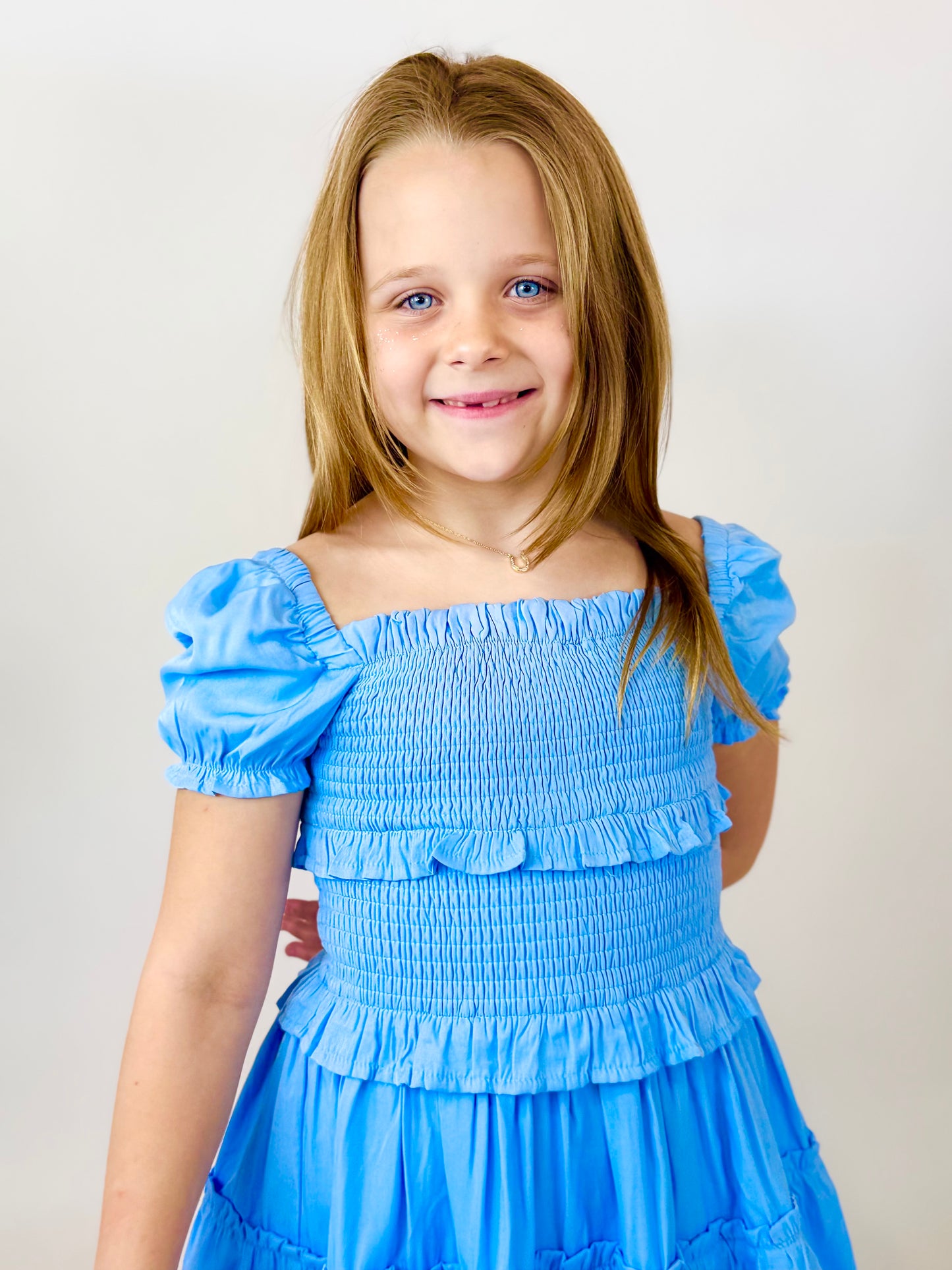 Berkley Puff Sleeve Smocked Ruffle Dress - Sky Blue