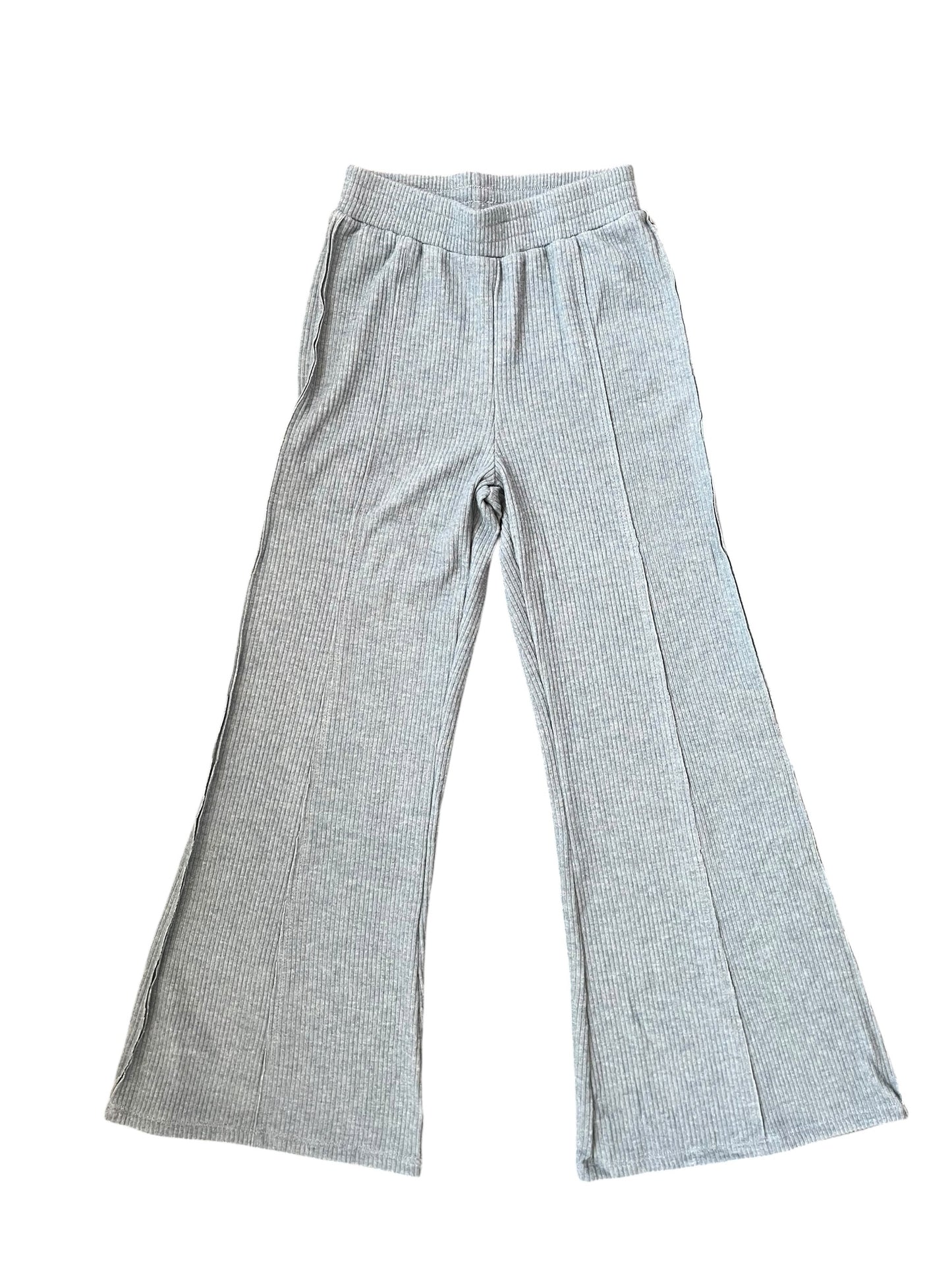 Light gray ribbed knit wide-leg pants with a gathered elastic waistband, displayed flat against a white background.