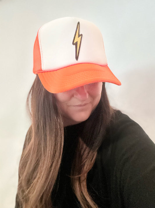 Orange and White Lightning Bolt Trucker Hat - Adult